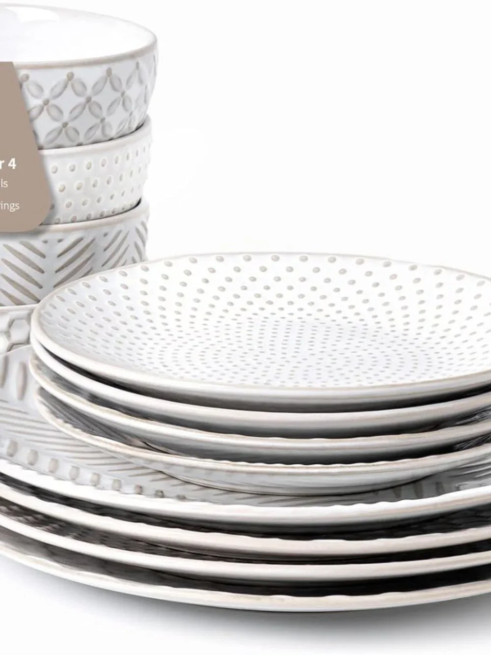 FOBENTA 12-Piece Stoneware Dinnerware Set for 4, Embossed Plates & Bowls